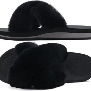 Womens Faux Fur Fuzzy Slides Open Toe Indoor Outdoor Slippers Arch Support